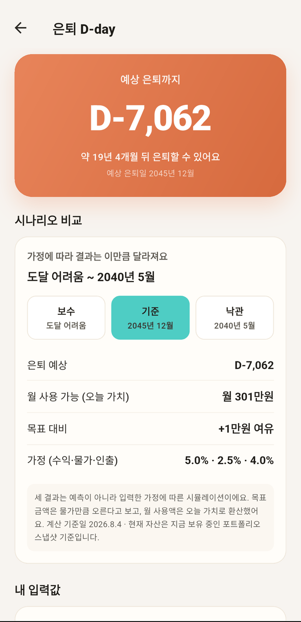 차곡차곡 은퇴 D-day 시나리오 비교 화면 - 보수·기준·낙관